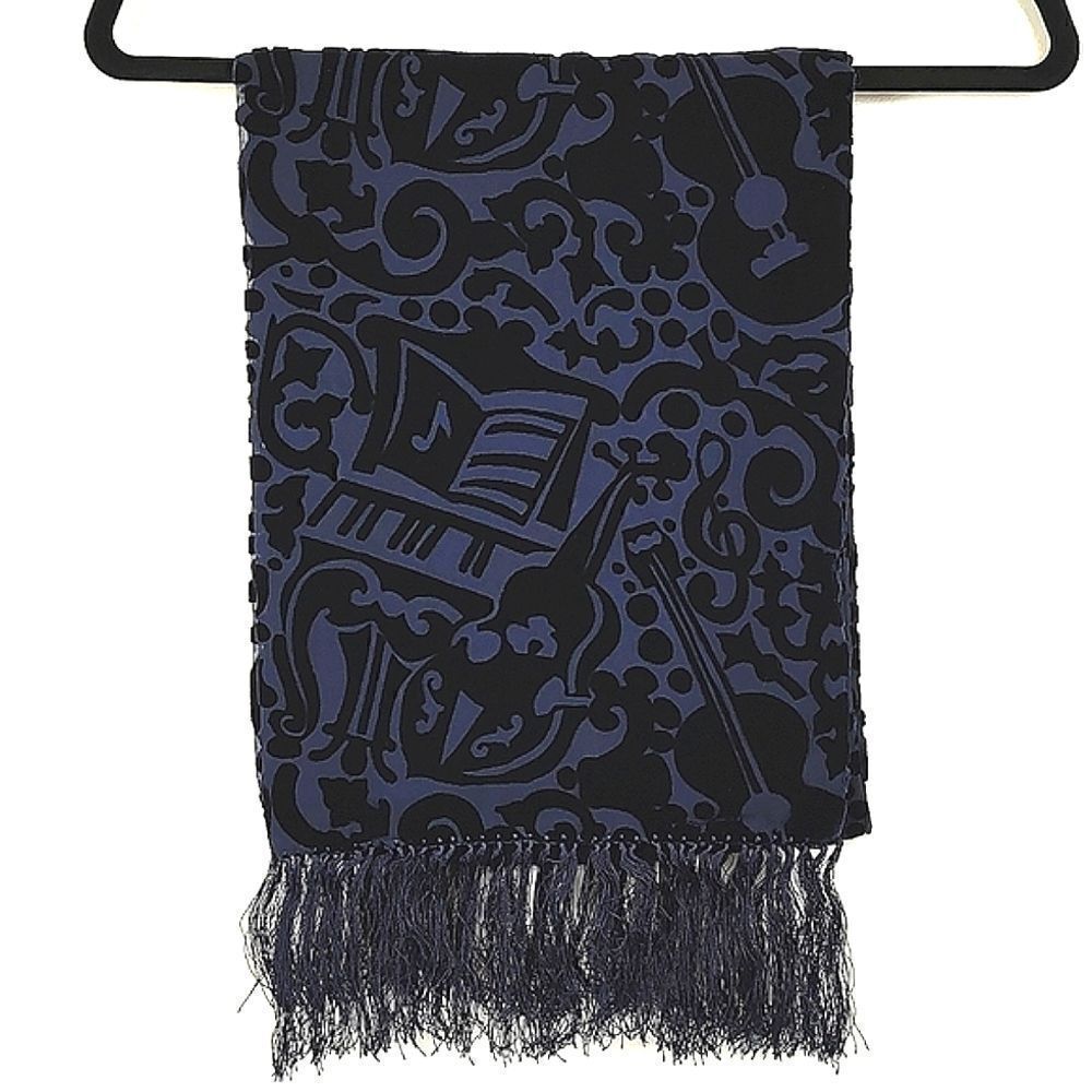 ZazouLuxe Silk Blend Navy Blue Sheer Velvet Flocked Music Inspired Fringed Scarf